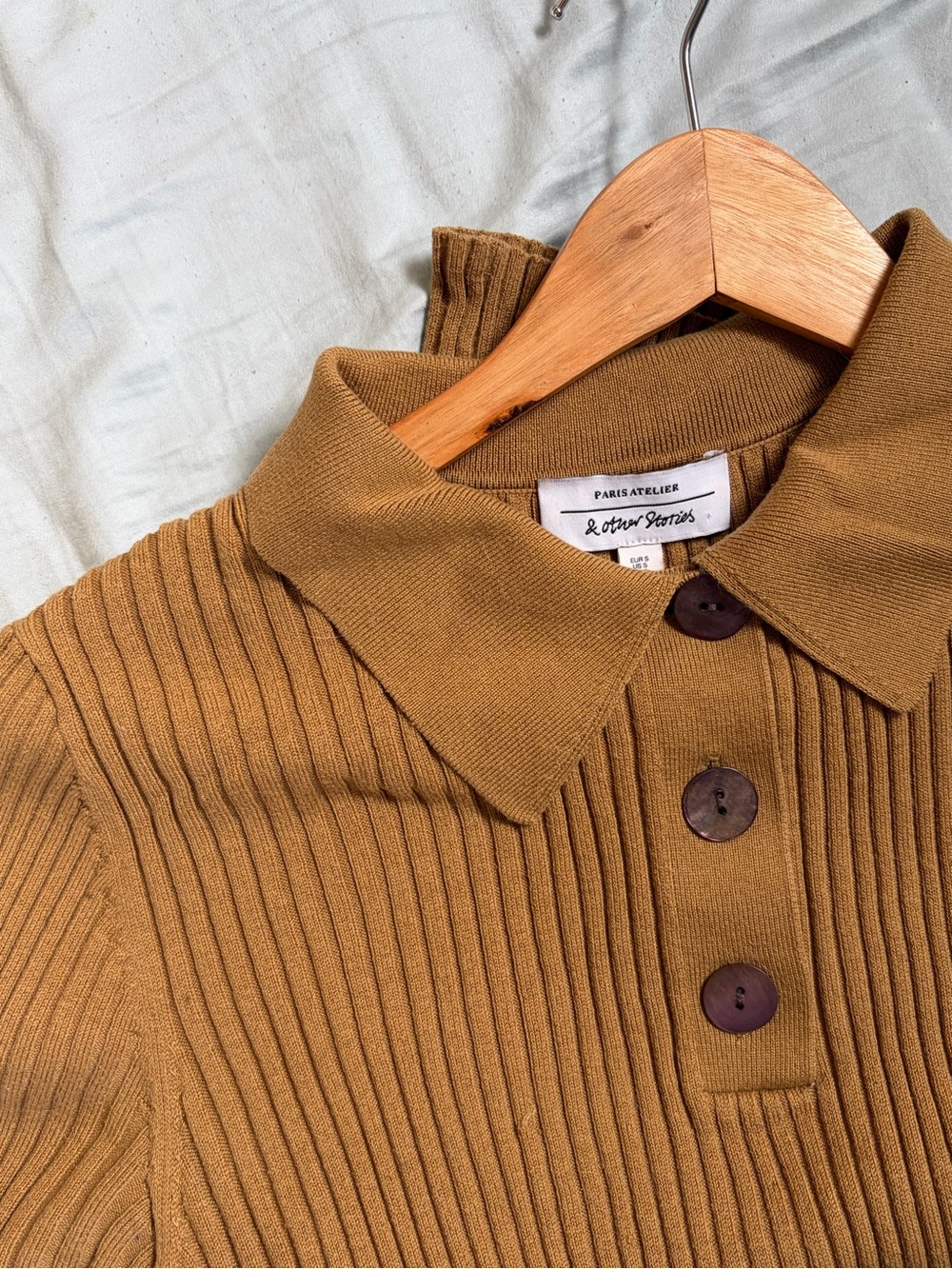 & Other Stories Ribbed Polo Top in Camel Brown
